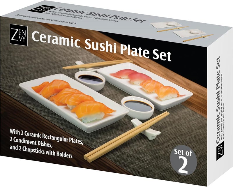 ZENVY Ceramic Sushi Plate Set - 8 Piece Japanese Style Dinnerware Set with 2 Rectangular Plates, 2 Dipping Dishes, 2 Pairs of Chopsticks & Stands - Image 2